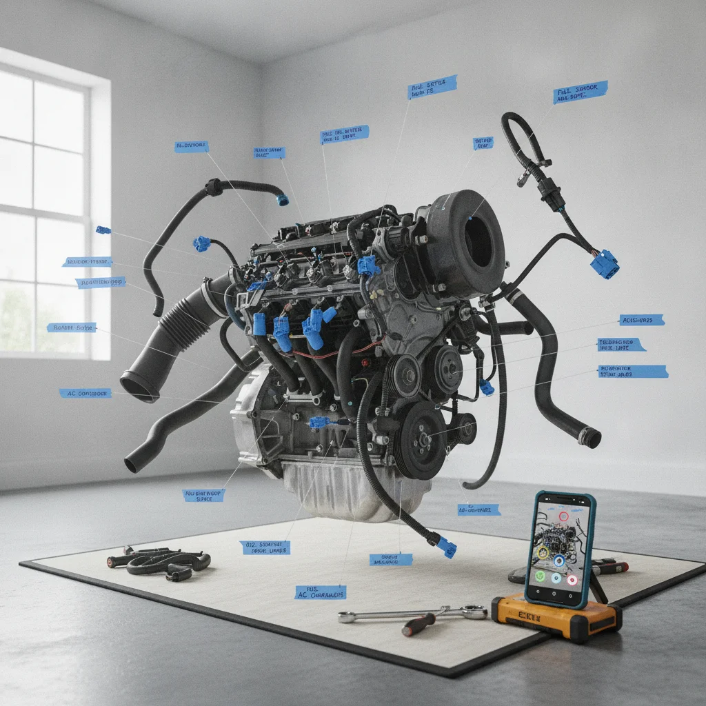 Partially disassembled engine bay with labeled tape markers and a smartphone showing a reference photo