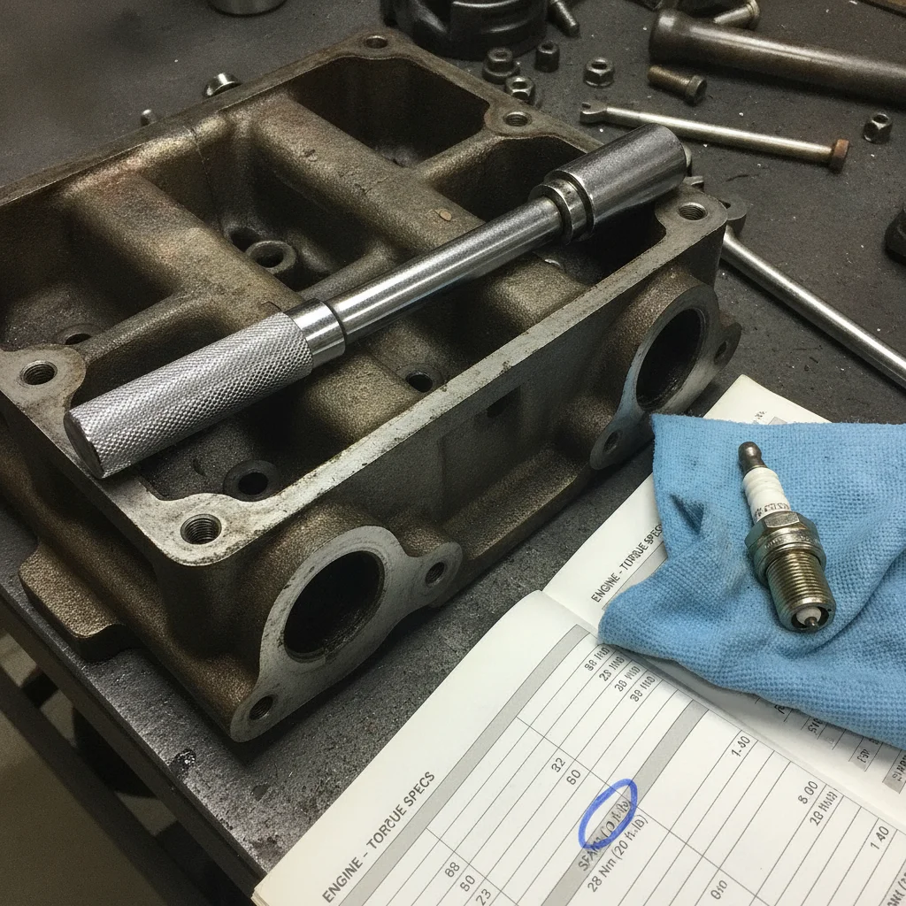 Click-type torque wrench beside a spark plug and service manual open to torque specification table