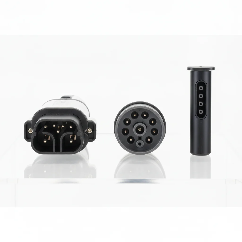Three different EV charging connector types — CCS, CHAdeMO, and NACS — displayed side by side