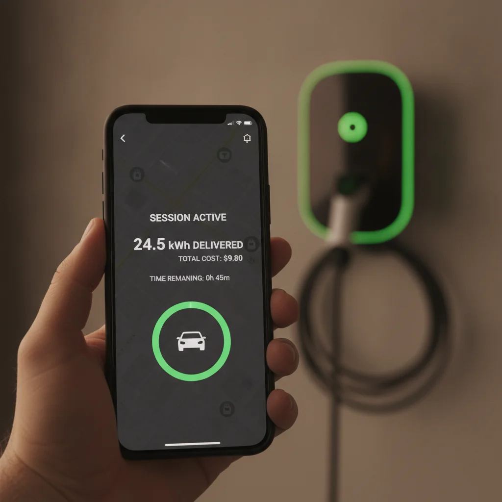 Smartphone screen showing an active EV charging session with cost and energy delivered displayed in a network app