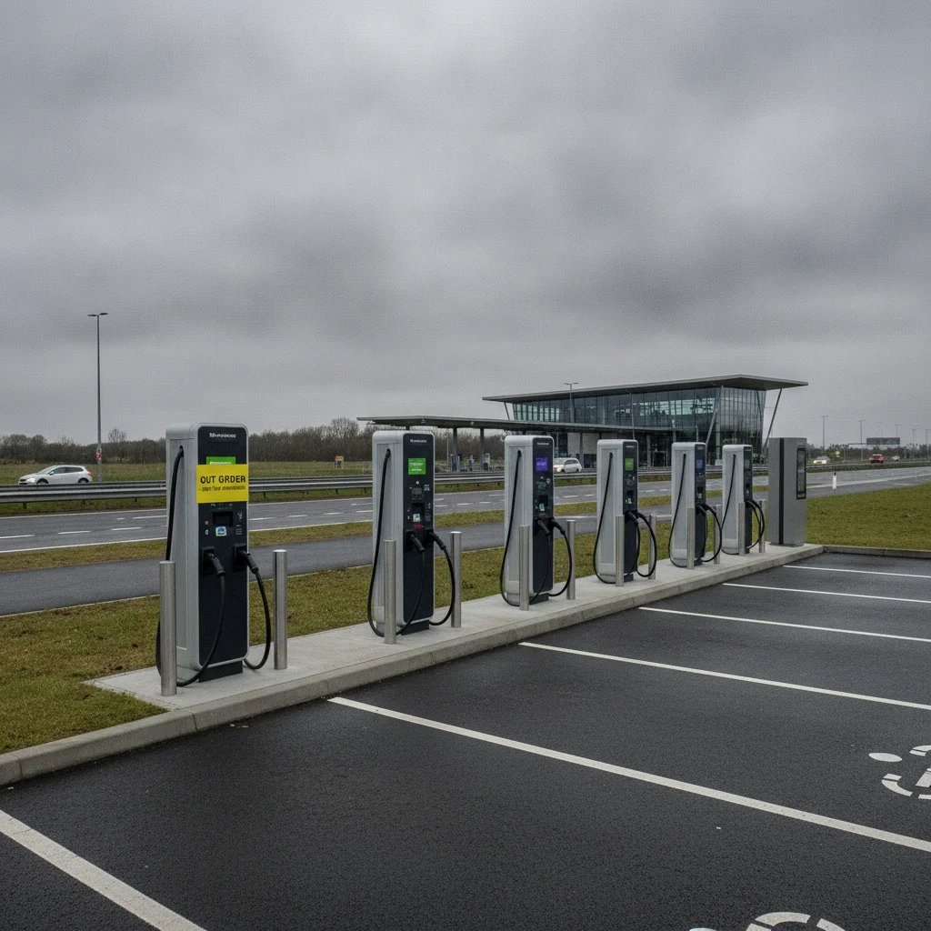 A row of DC fast charging stalls at a highway rest stop with one unit showing an out-of-order notice