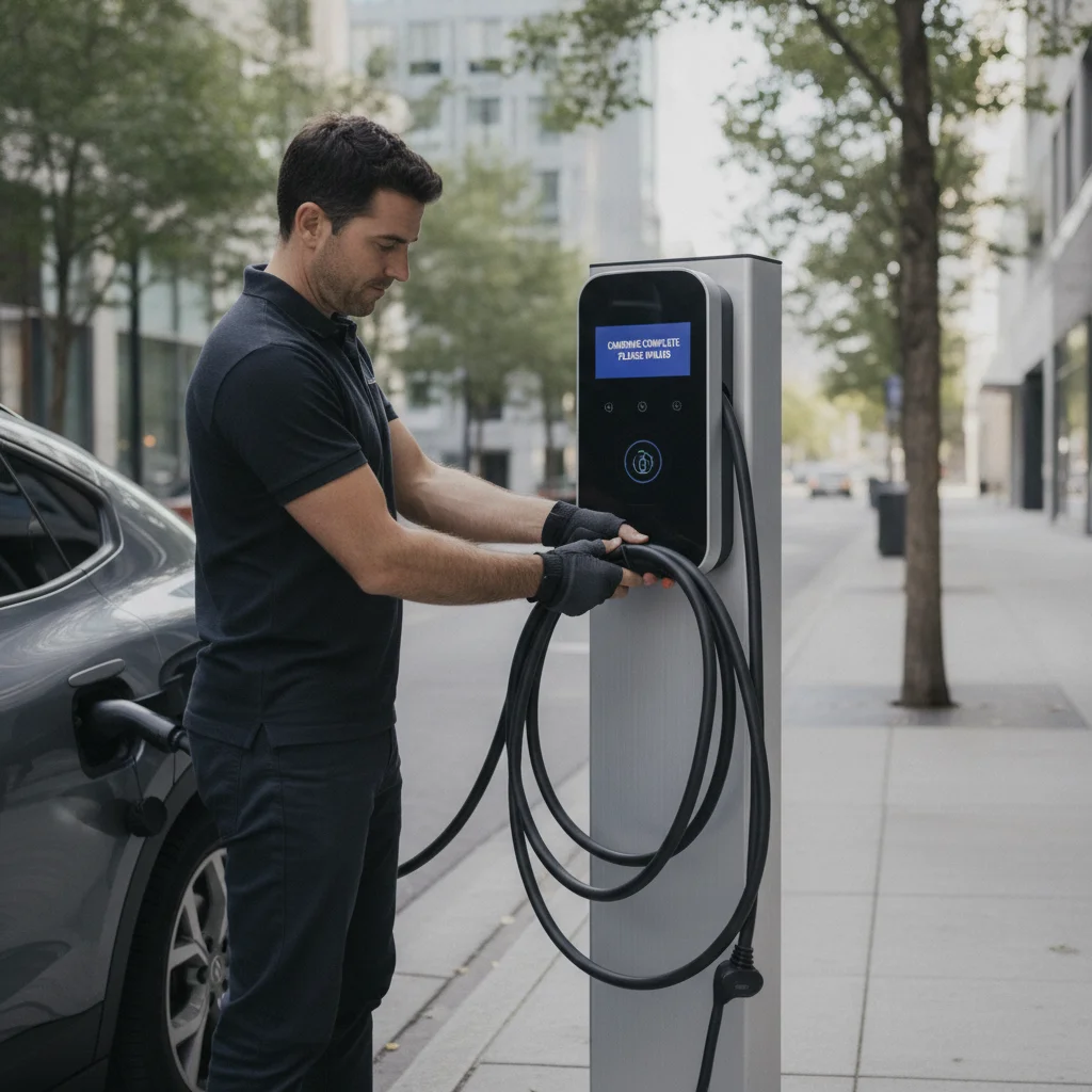 EV driver carefully returning a charging cable to its holster at a public station after completing a charging session