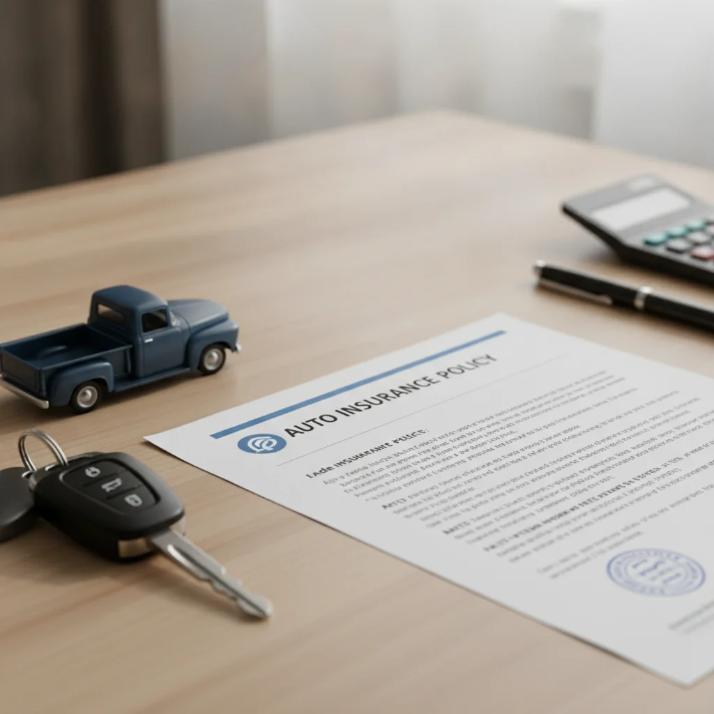 Car insurance policy documents beside car keys and a miniature pickup truck model on a desk