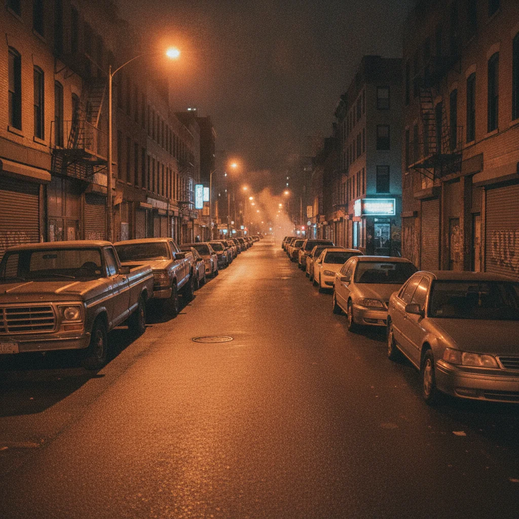 A row of pickup trucks and sedans parked on an urban street at night under orange streetlights