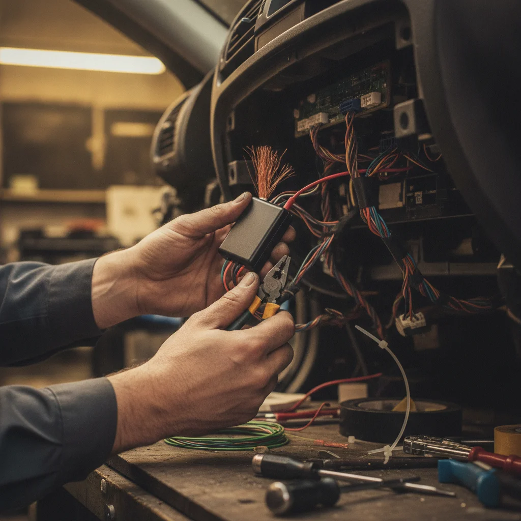 Hands installing a GPS tracking device under a car dashboard in a garage workshop