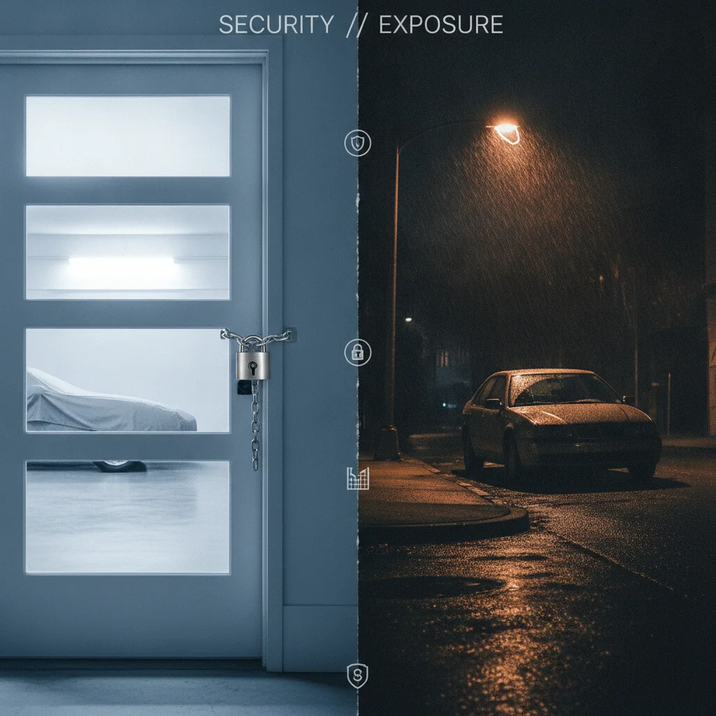 Split image contrasting a secure locked private garage and a car parked on a dark urban street