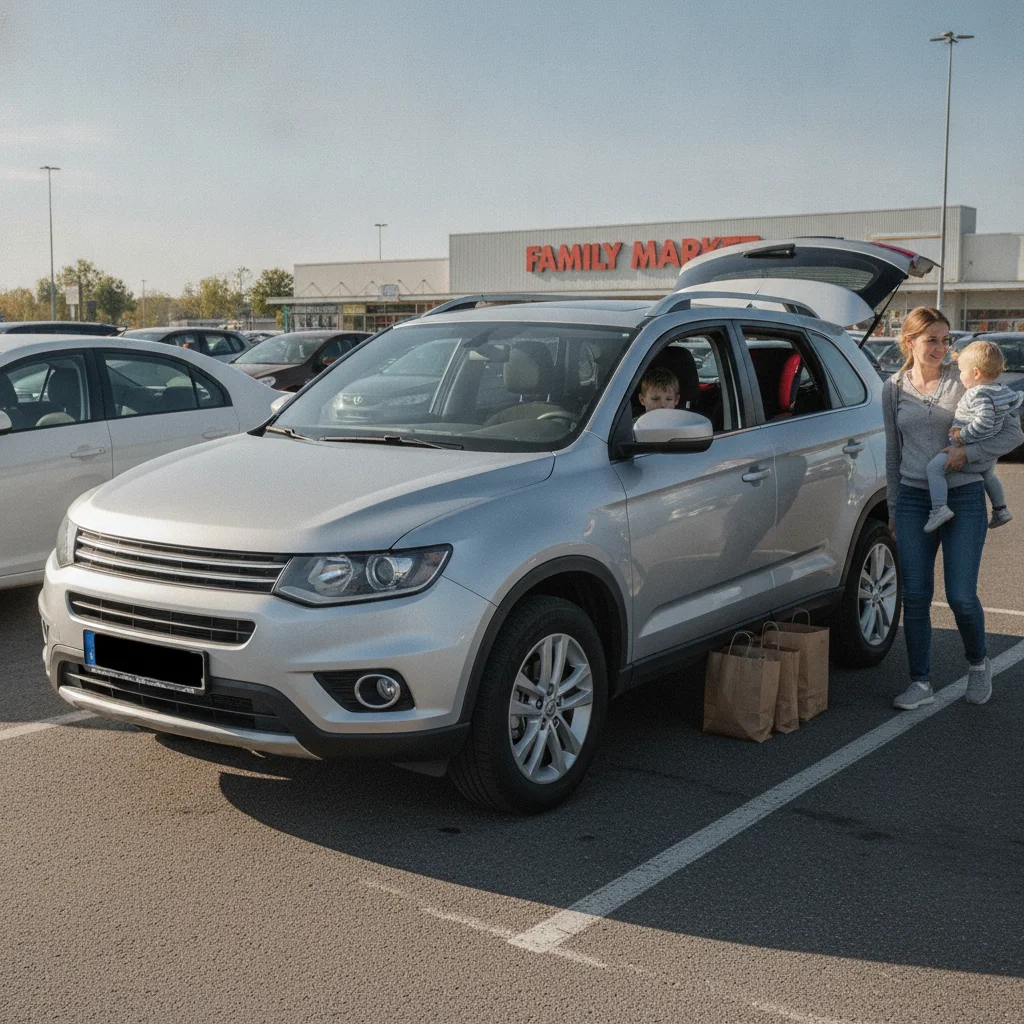 A compact crossover SUV photographed from a front three-quarter angle in a parking lot