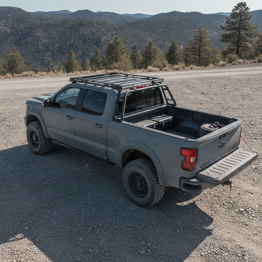 A full-size pickup truck with visible truck bed parked on gravel in natural daylight