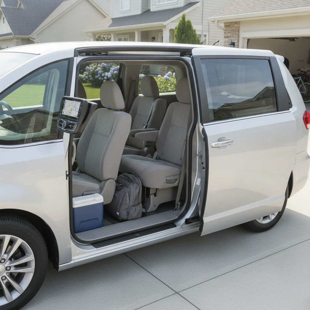 A silver minivan with sliding door open parked in a suburban driveway showing interior seating