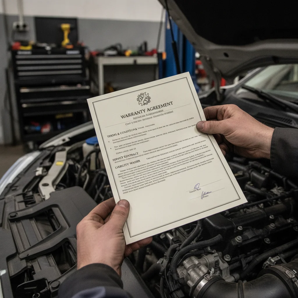 Mechanic reviewing warranty documentation next to an open car engine bay in a repair shop