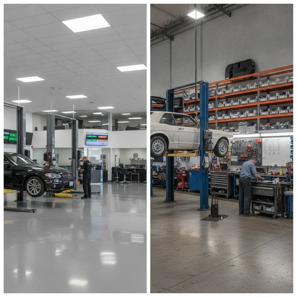 Side-by-side comparison of a dealership service bay and an independent auto repair shop interior