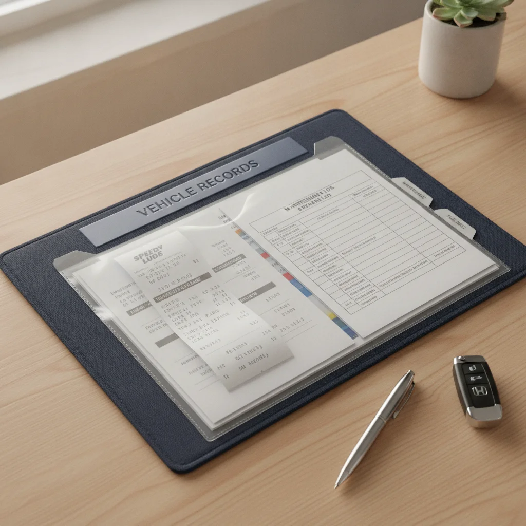 Organized folder of car maintenance receipts and service records on a desk with car keys