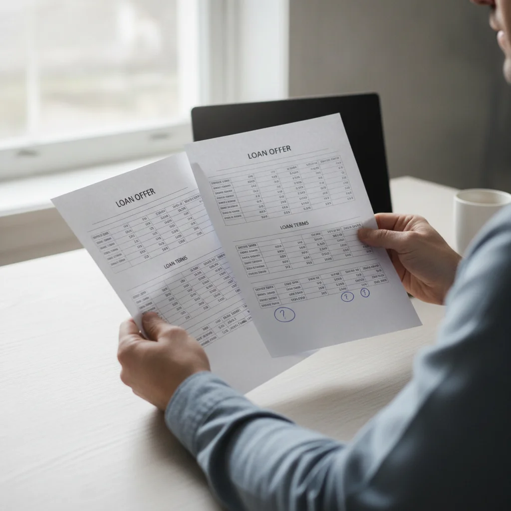 A borrower comparing multiple auto loan offer documents side by side on a desk