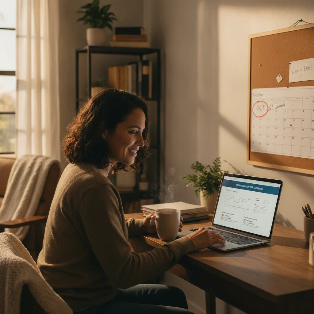 A person reviewing refinancing offers on a laptop at home with a calendar in the background