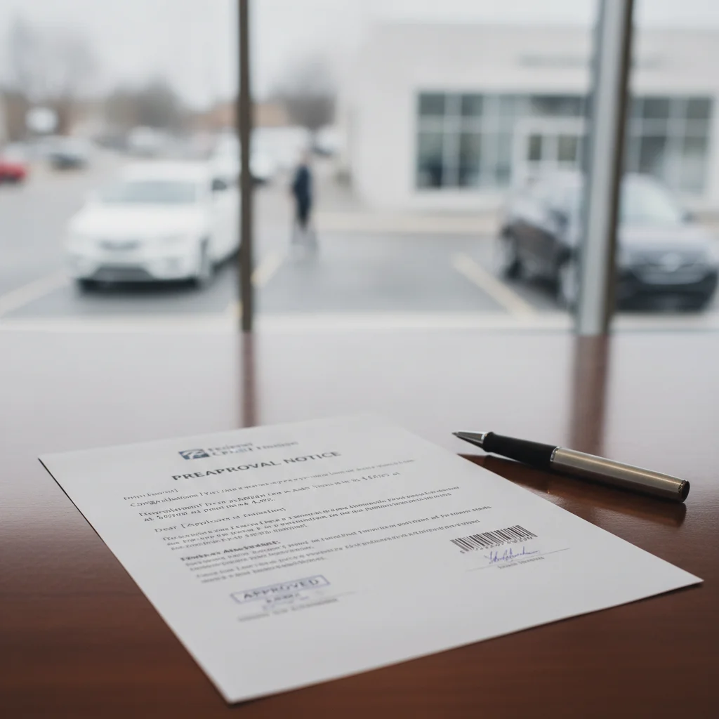Printed auto loan preapproval letter on a desk with a dealership showroom in the background.