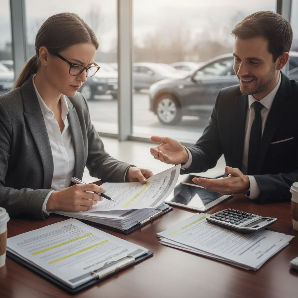 Car buyer reviewing financing documents at a dealership table with a salesperson present.