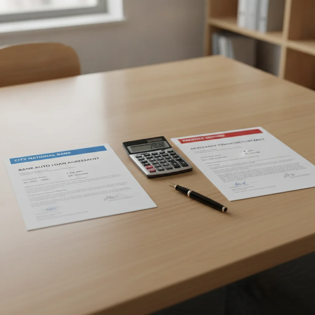 Two auto loan documents placed side by side on a desk for comparison, with a calculator nearby.