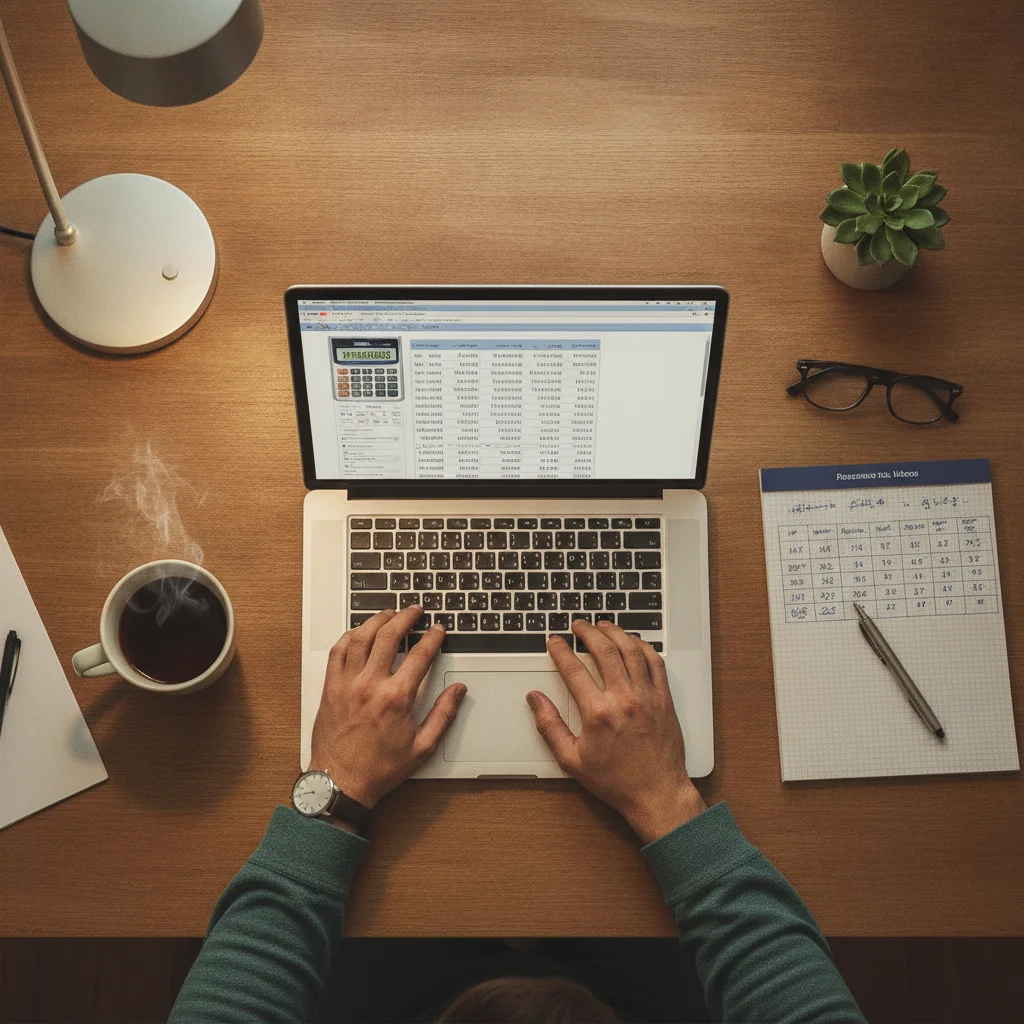 Person using a laptop and notepad to calculate a car buying budget at home