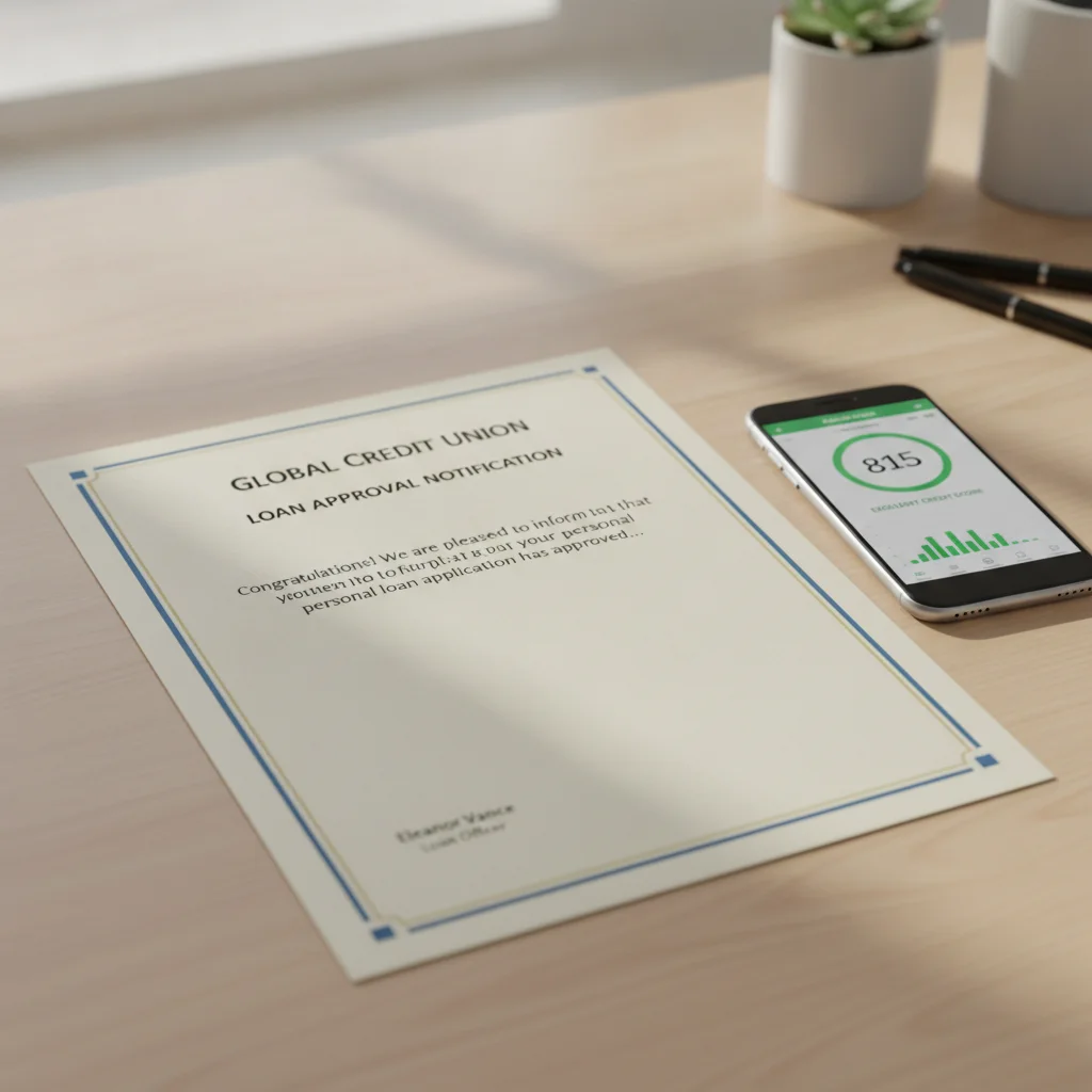 Auto loan preapproval letter next to a smartphone displaying a credit score