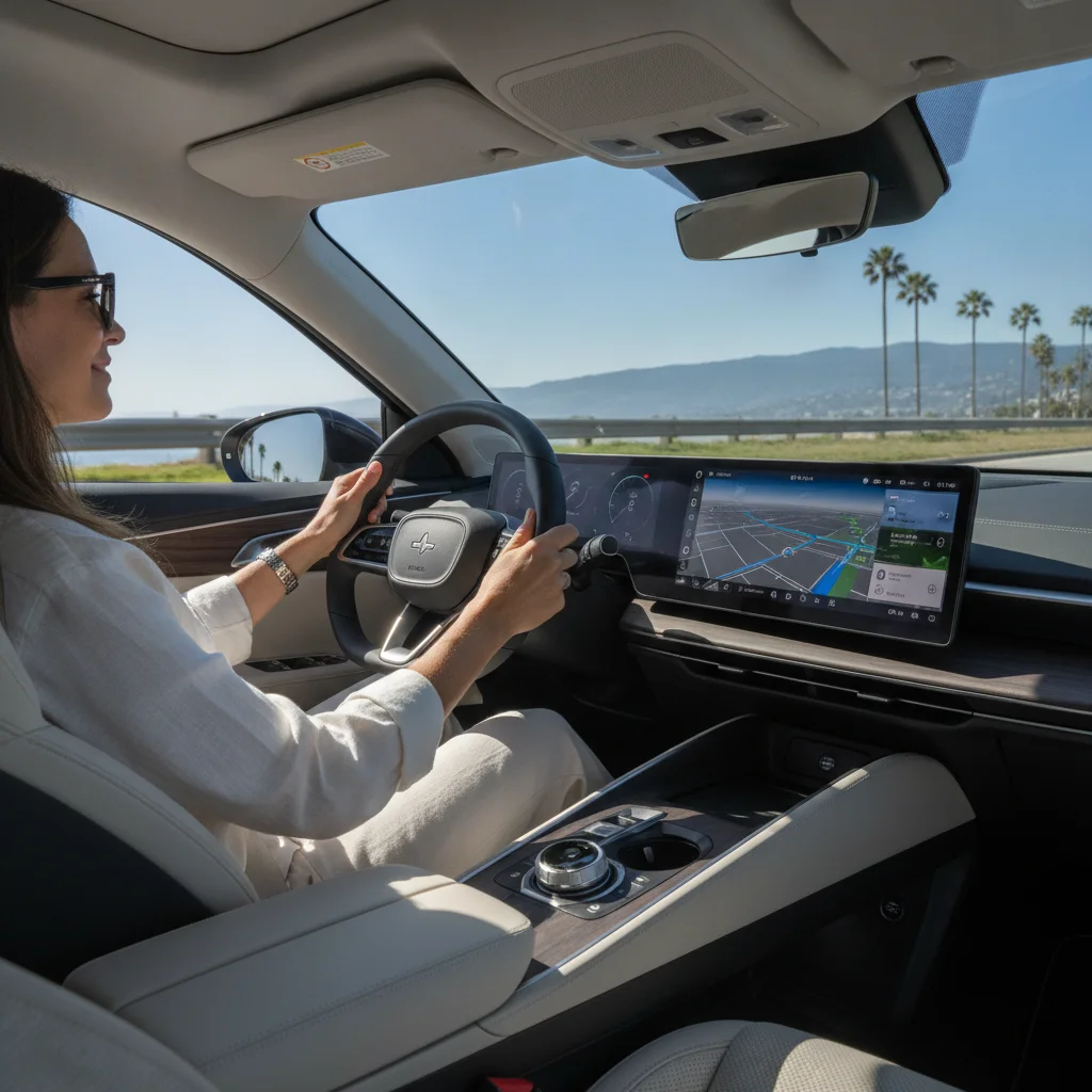 Driver behind the wheel of a new car during a dealership test drive on a sunny day