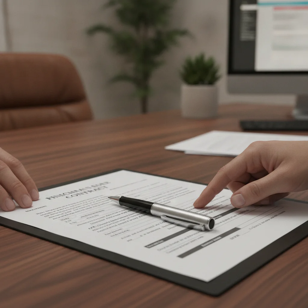 Close-up of a car purchase contract on a desk with pen and hand pointing to a line item