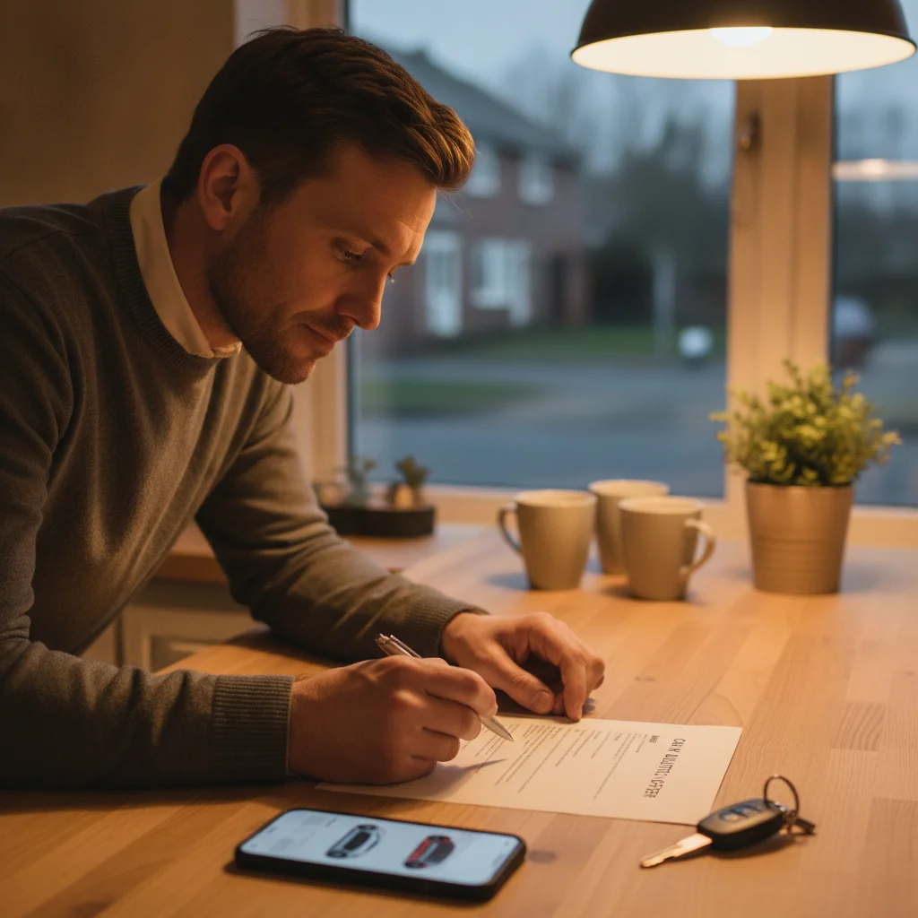 Person reviewing a printed instant car offer document at home with car keys nearby.