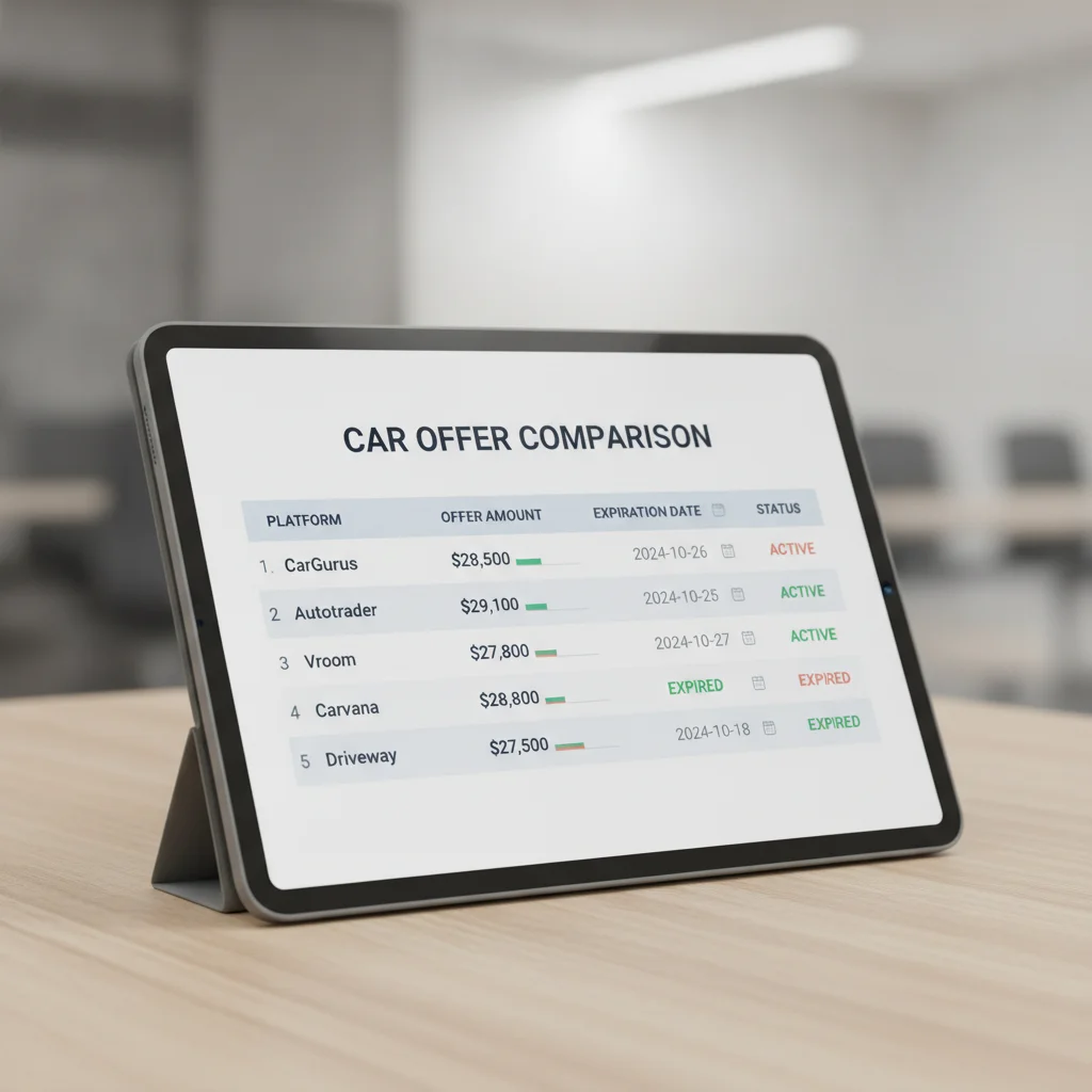 Tablet screen displaying a side-by-side comparison of car offer amounts and expiration dates from multiple platforms.