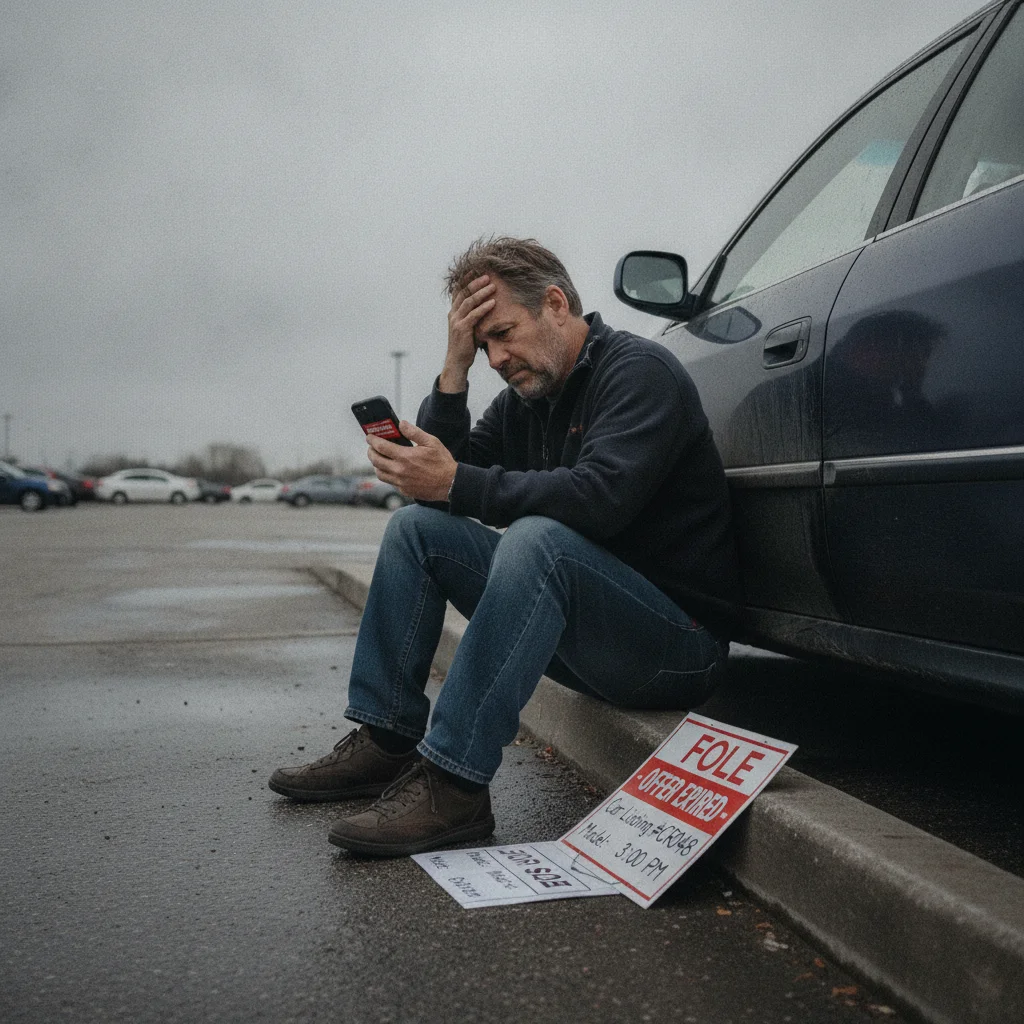 A person looking concerned at a phone showing an expired car offer notification while standing near their vehicle.