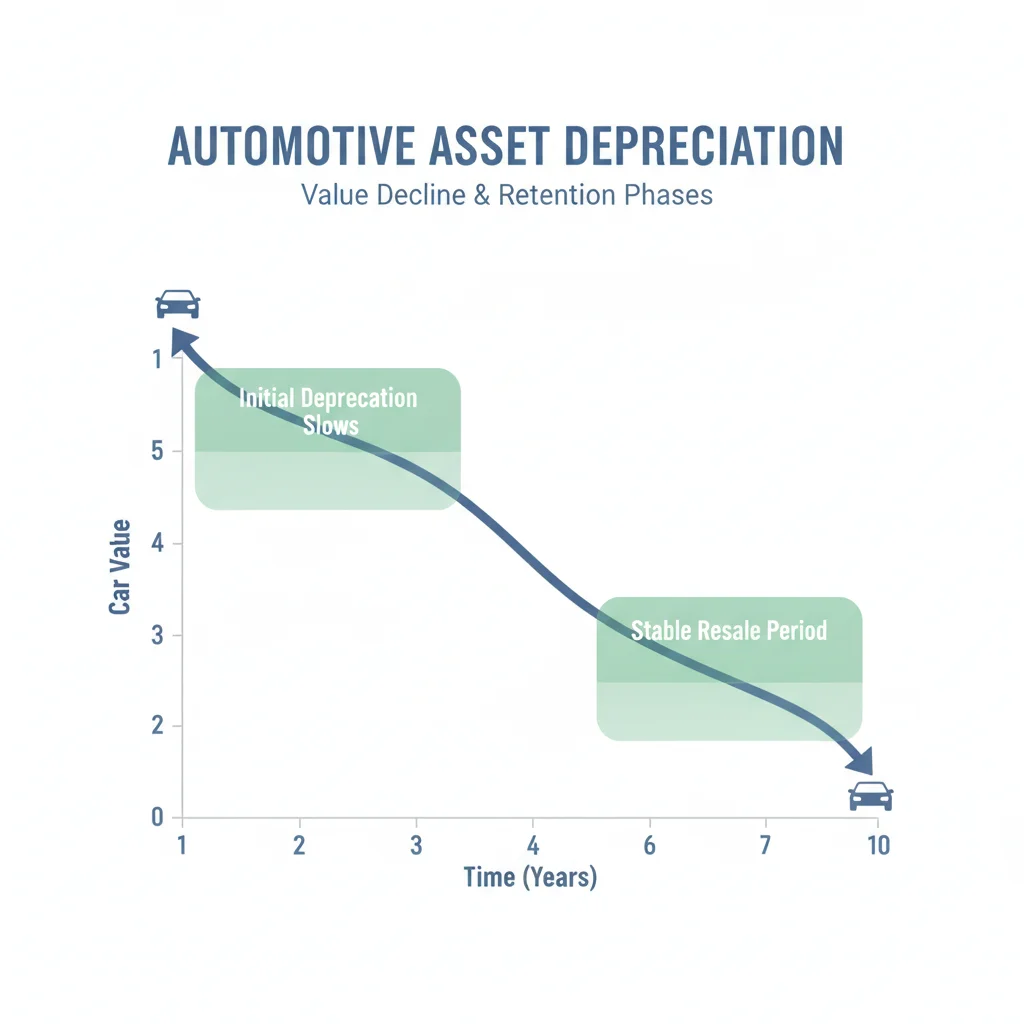 Flat illustration of a car depreciation curve showing two value plateau windows highlighted in green