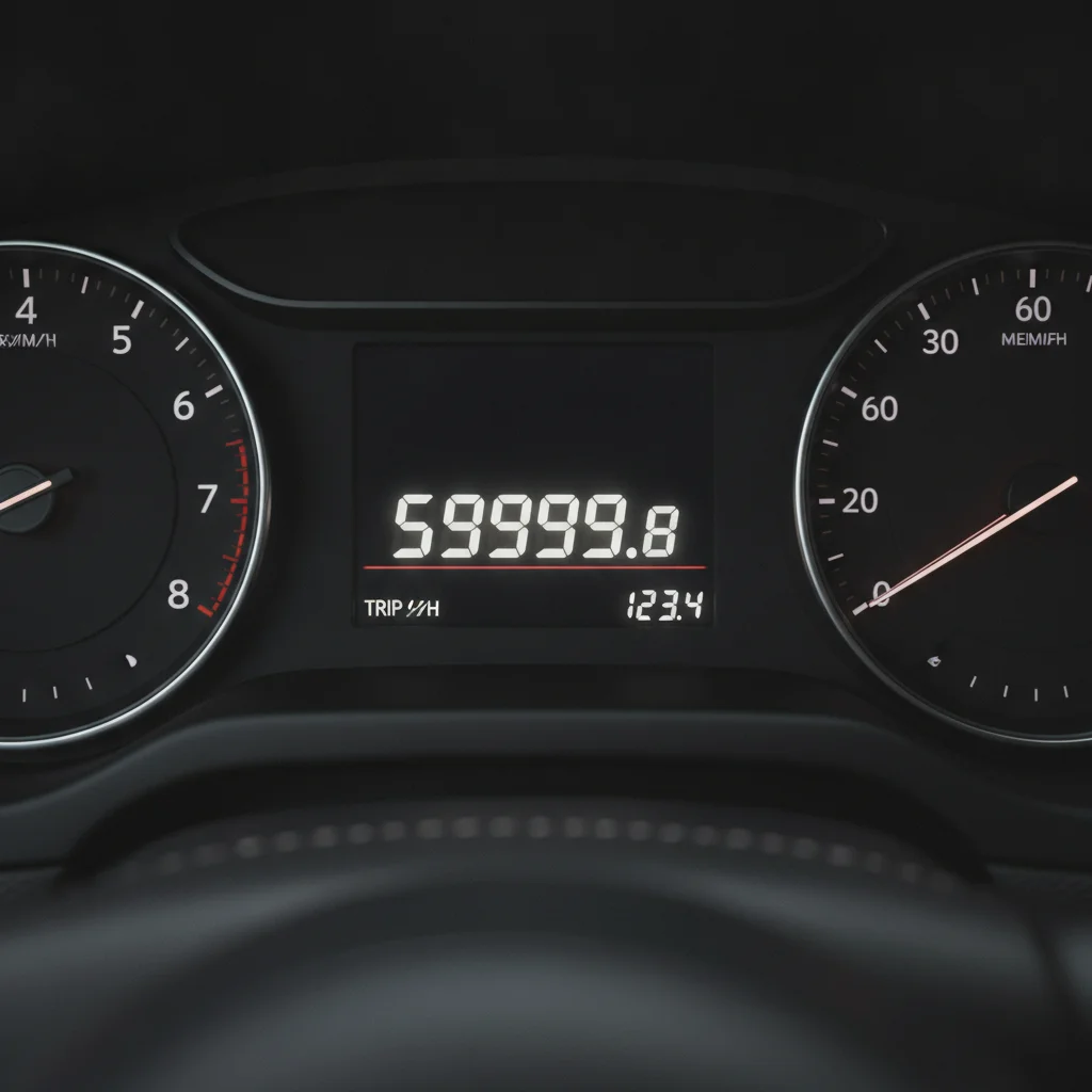 Car dashboard odometer showing a reading just below 60,000 miles in ambient interior lighting