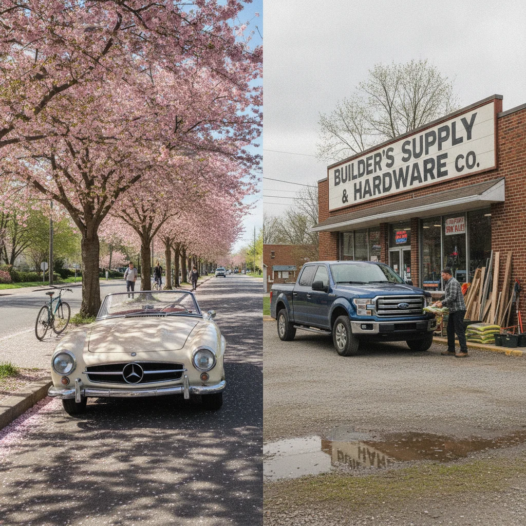 Side-by-side scene of a convertible in spring sunshine and a pickup truck outside a hardware store