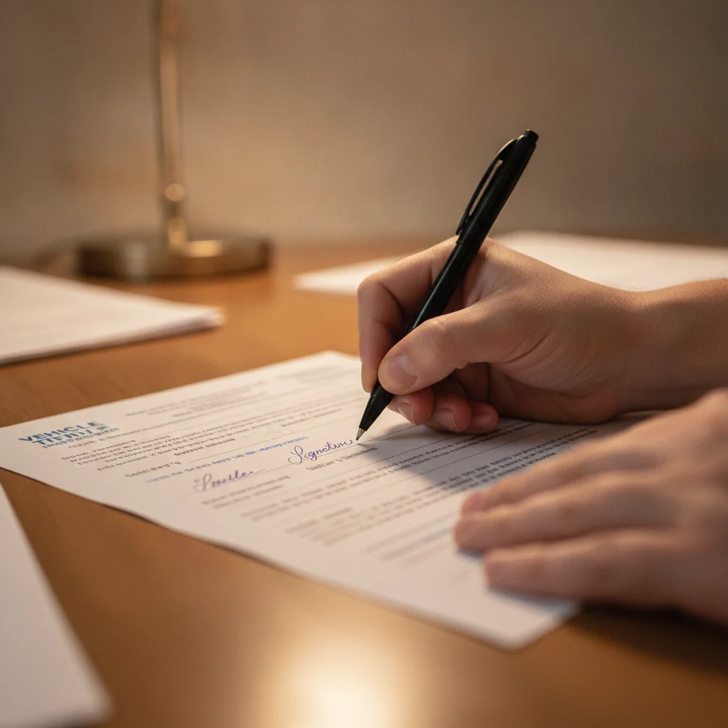Person carefully signing the back of a vehicle title document with a pen