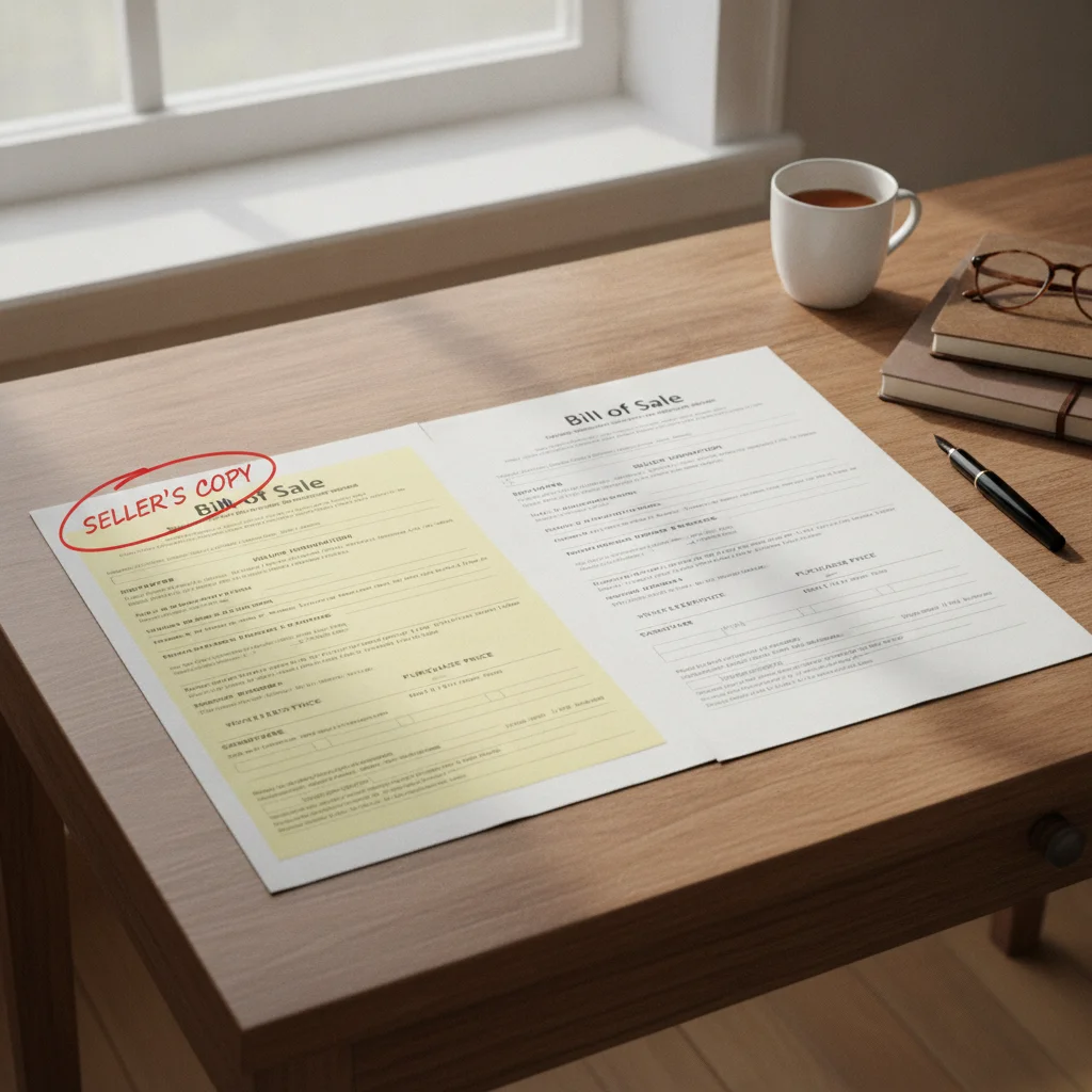 Two copies of a vehicle bill of sale laid side by side on a desk, seller's copy labeled