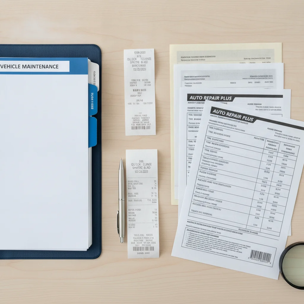 Organized vehicle service records and maintenance receipts spread on a table before handover
