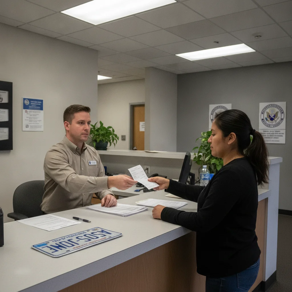 License plates being returned at a DMV counter with a receipt being issued to the seller