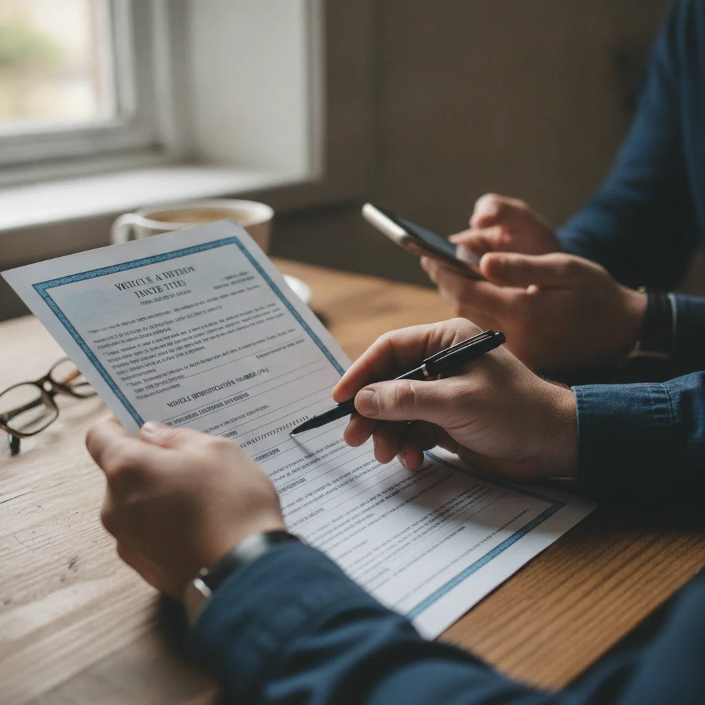 Hands examining a vehicle title document and checking the VIN number carefully on a wooden table