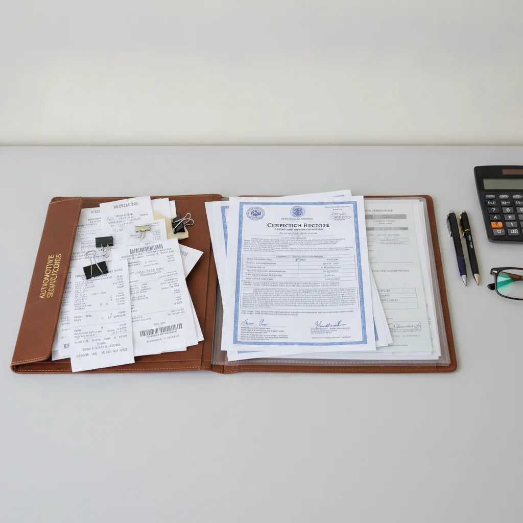 Organized folder of automotive service records and maintenance receipts spread out on a desk for review