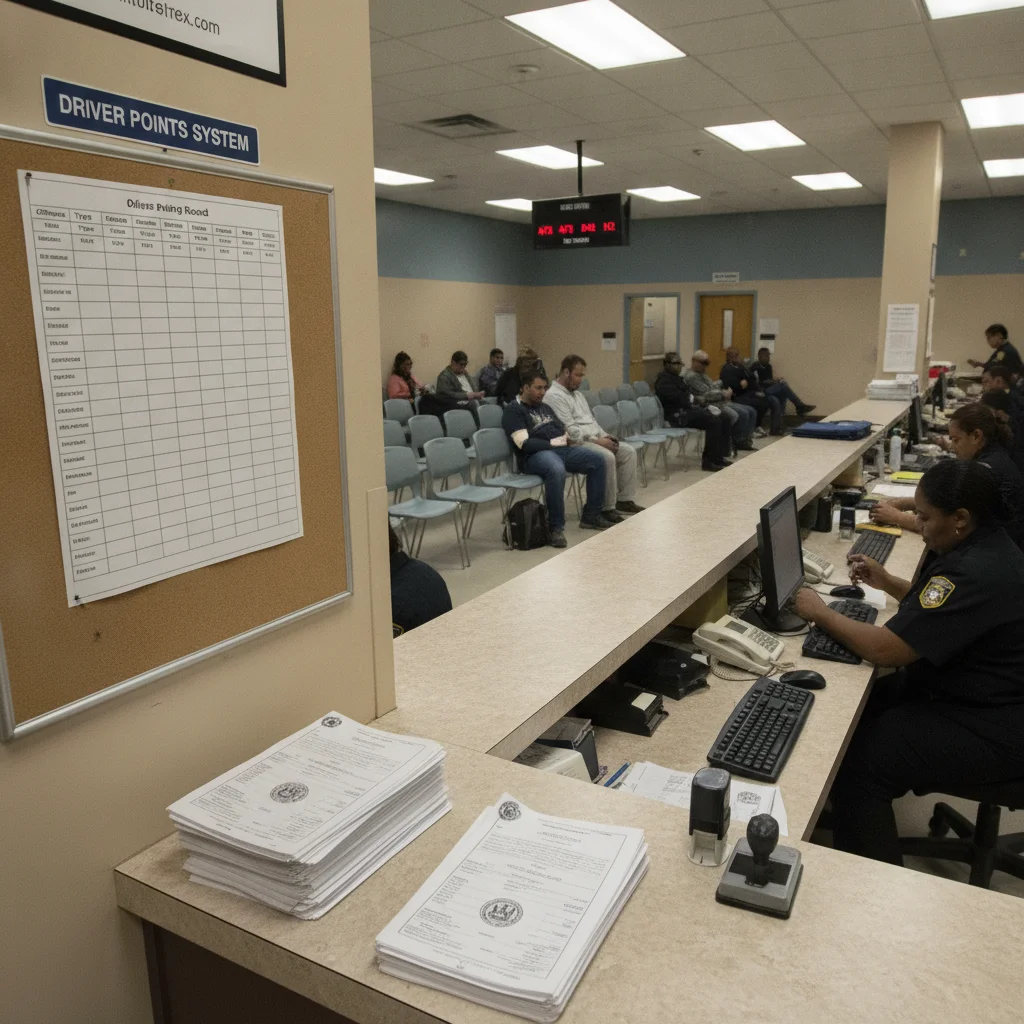 State DMV office counter with driving record documents and a point tally reference chart