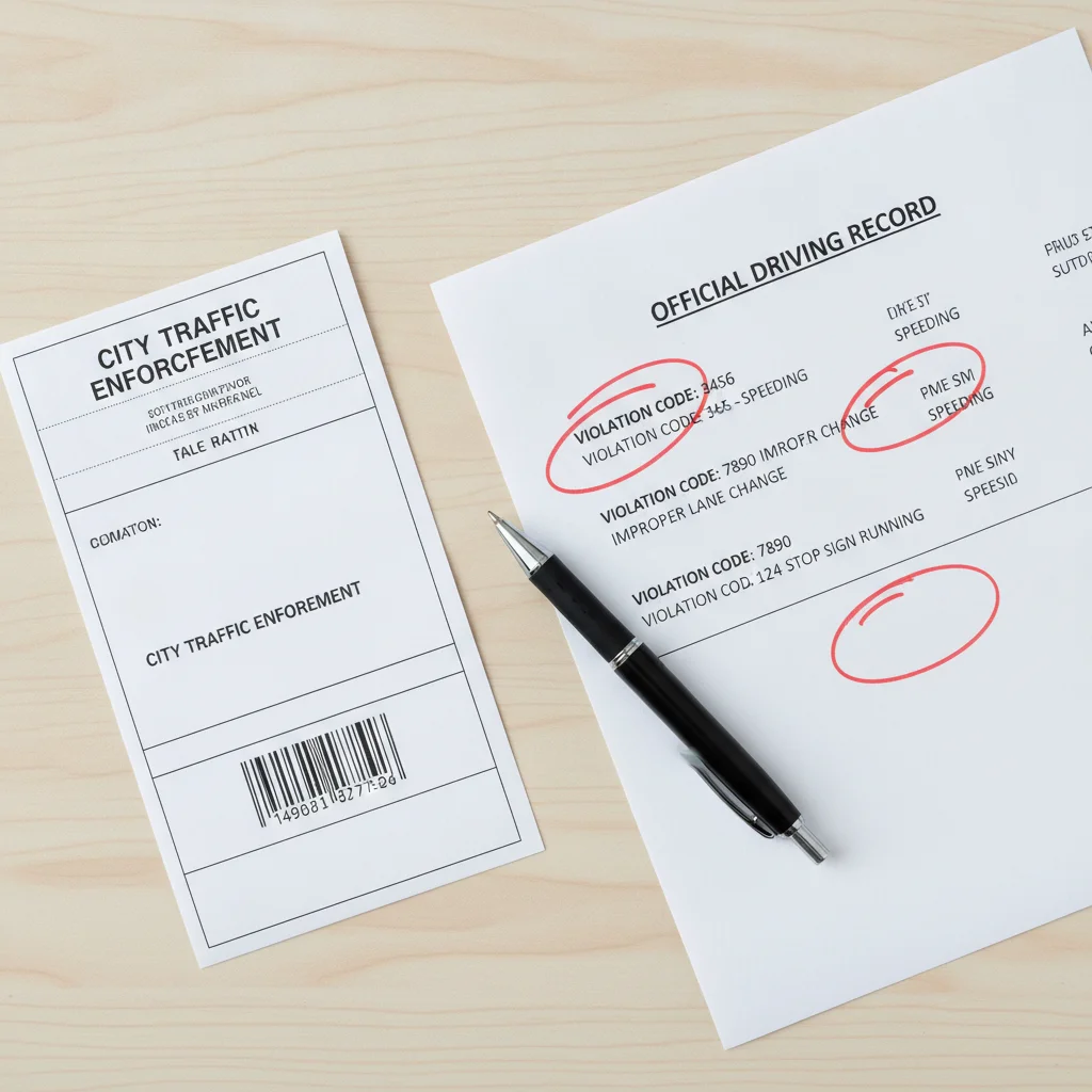 Traffic violation ticket and driving record printout with violation codes highlighted in red
