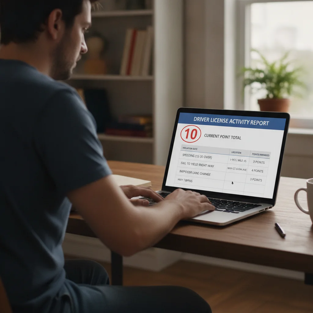 Driver reviewing their DMV driving record and point totals on a laptop at home