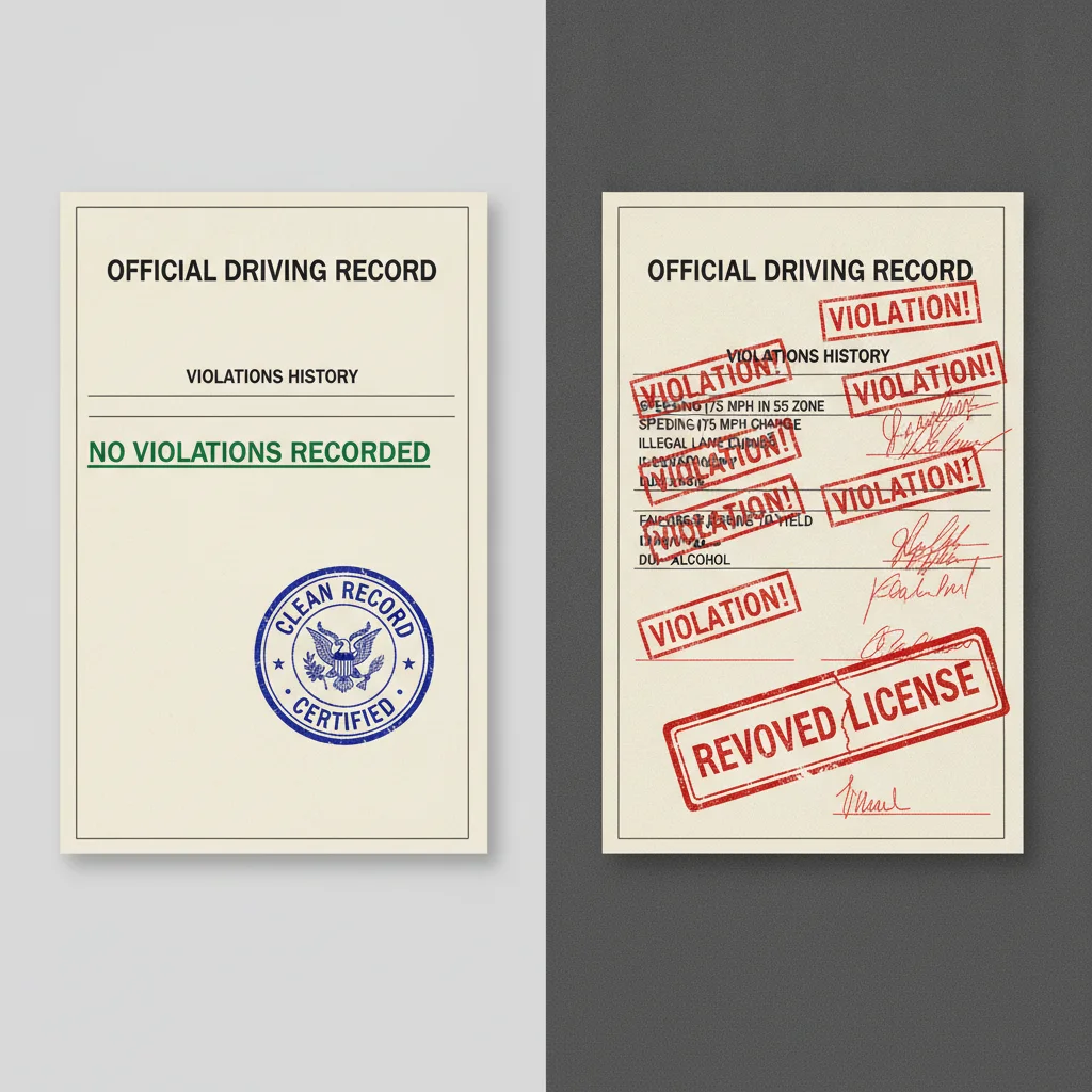 Split image contrasting a clean driving record with a record showing multiple violation entries