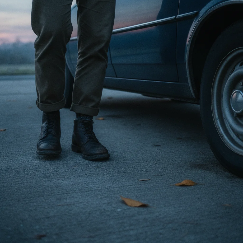 Driver's feet walking alongside rear car panel during a pre-drive exterior inspection on a concrete driveway