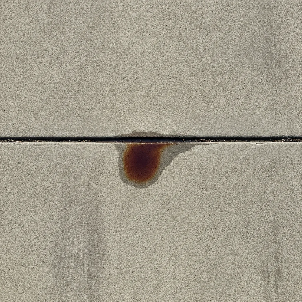Small reddish-brown oil stain on a concrete driveway beneath a parked car's engine bay position
