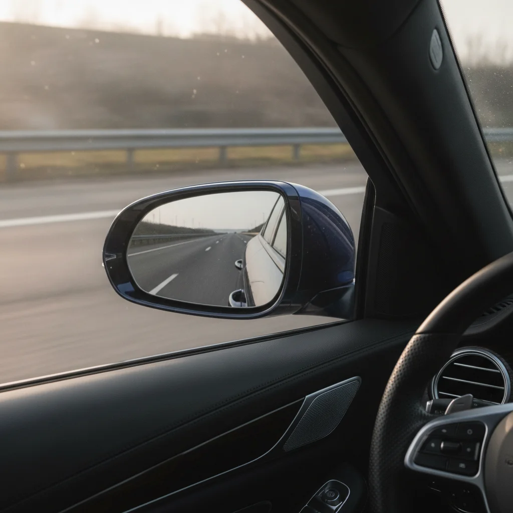 Driver's seat perspective showing correctly positioned left side mirror with minimal car body and wide lane visibility