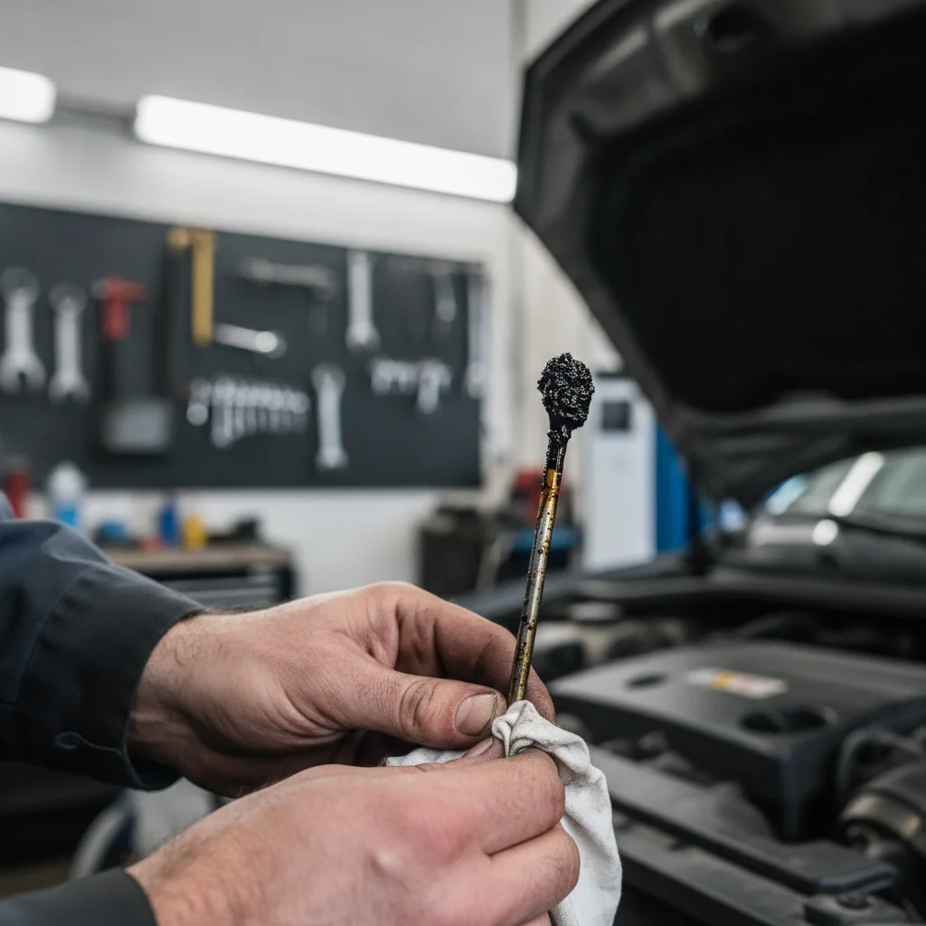 Mechanic checking oil condition on a dipstick, showing dark discolored oil indicating deferred maintenance