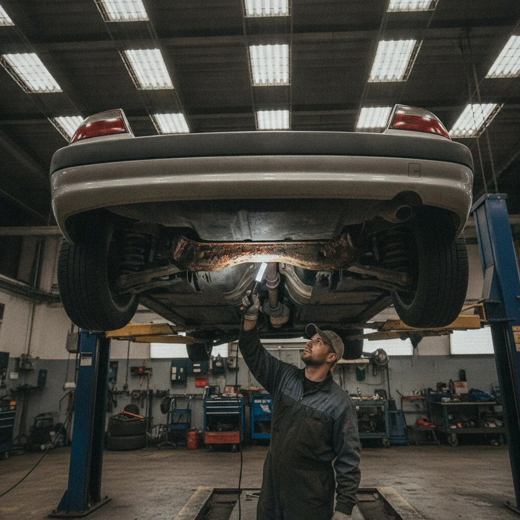 Mechanic examining rust on a vehicle subframe from underneath with a flashlight during a lift inspection