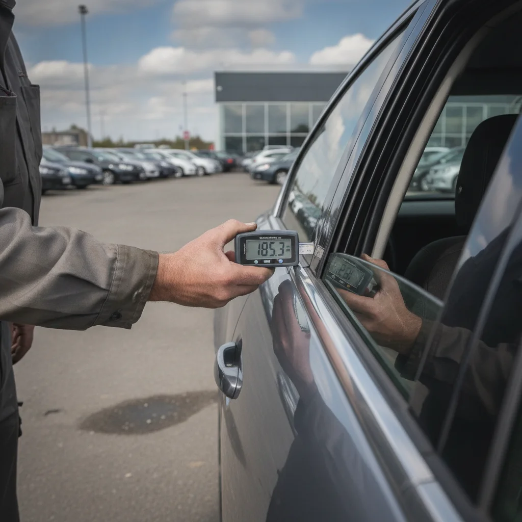 Mechanic using a paint thickness meter on a used car door panel to detect prior collision repair and body filler