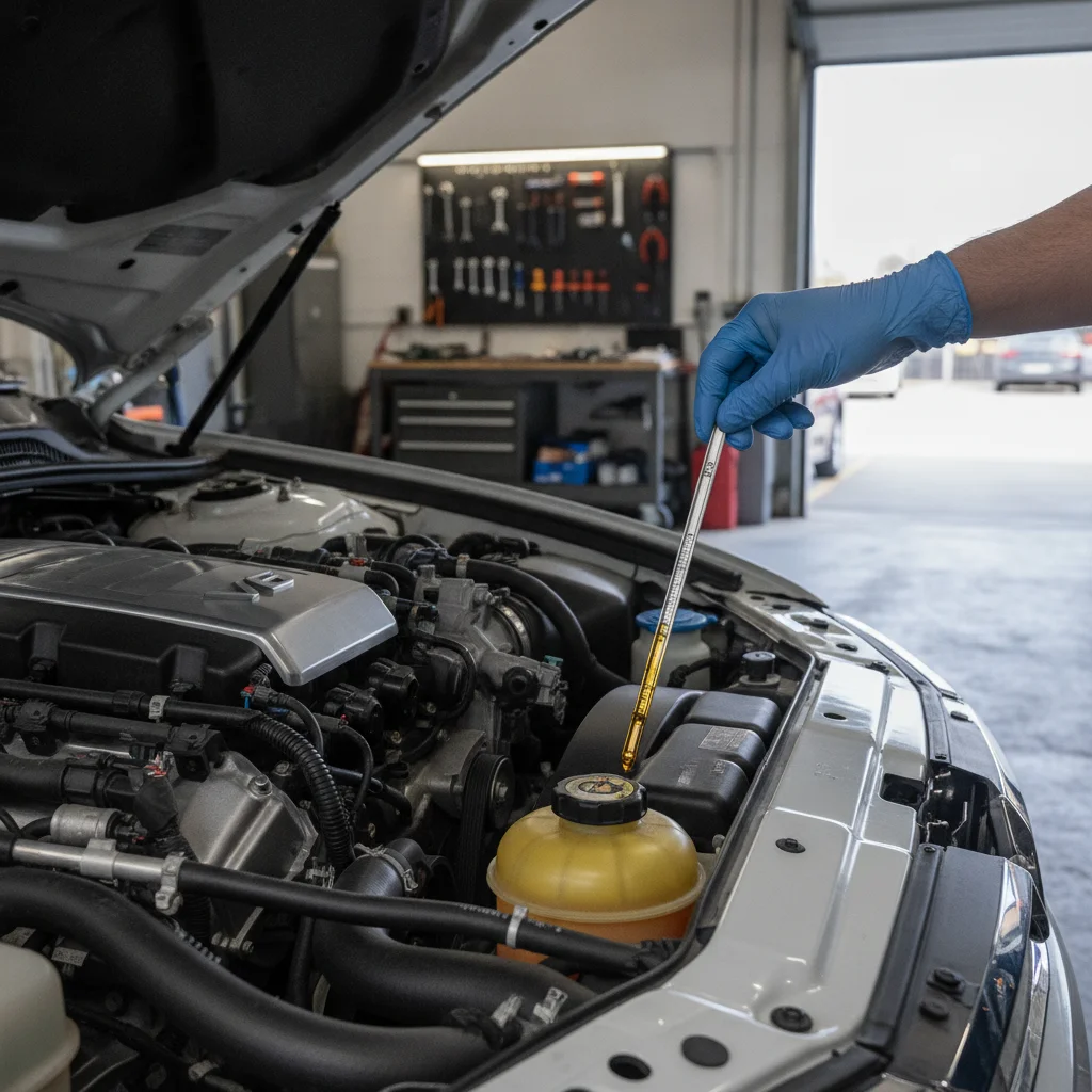Mechanic's hand pulling the oil dipstick from a car engine to check oil level before a road trip