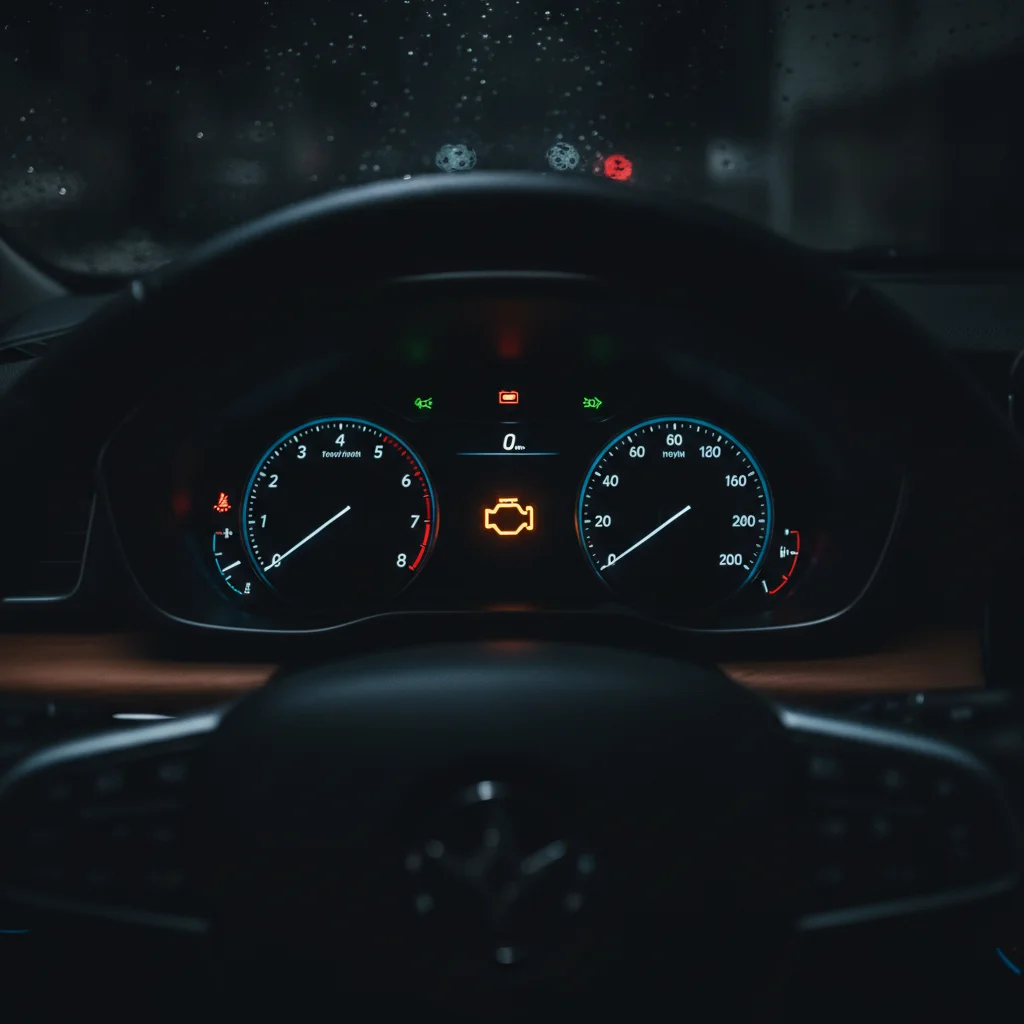 Car dashboard showing an illuminated check engine warning light in the instrument cluster