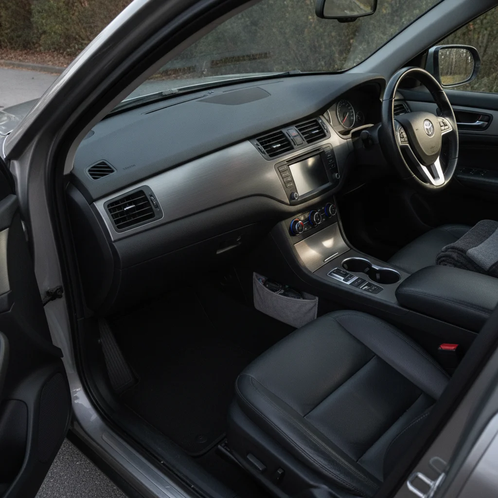 Clean, clutter-free car interior with empty cup holders and a spotless dashboard.